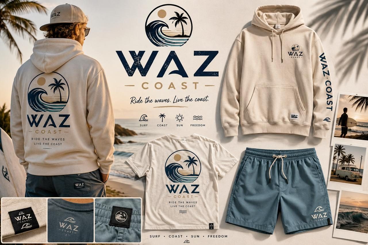 WAZ Coast full collection overview with logo, hoodie, tee and shorts